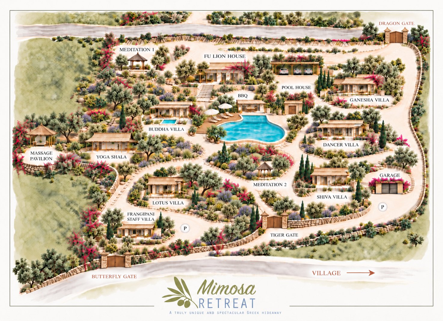 Mimosa Retreat's illustrated map: the five villas, Fu Lion House, the pool, the Yoga Shala and the gardens