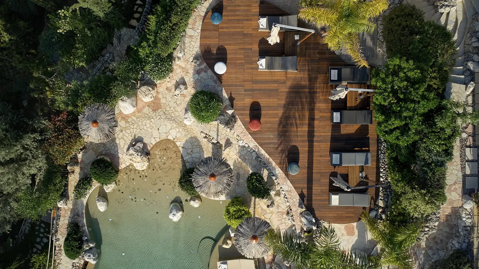 Mimosa from above: the pool deck, sun loungers and gardens